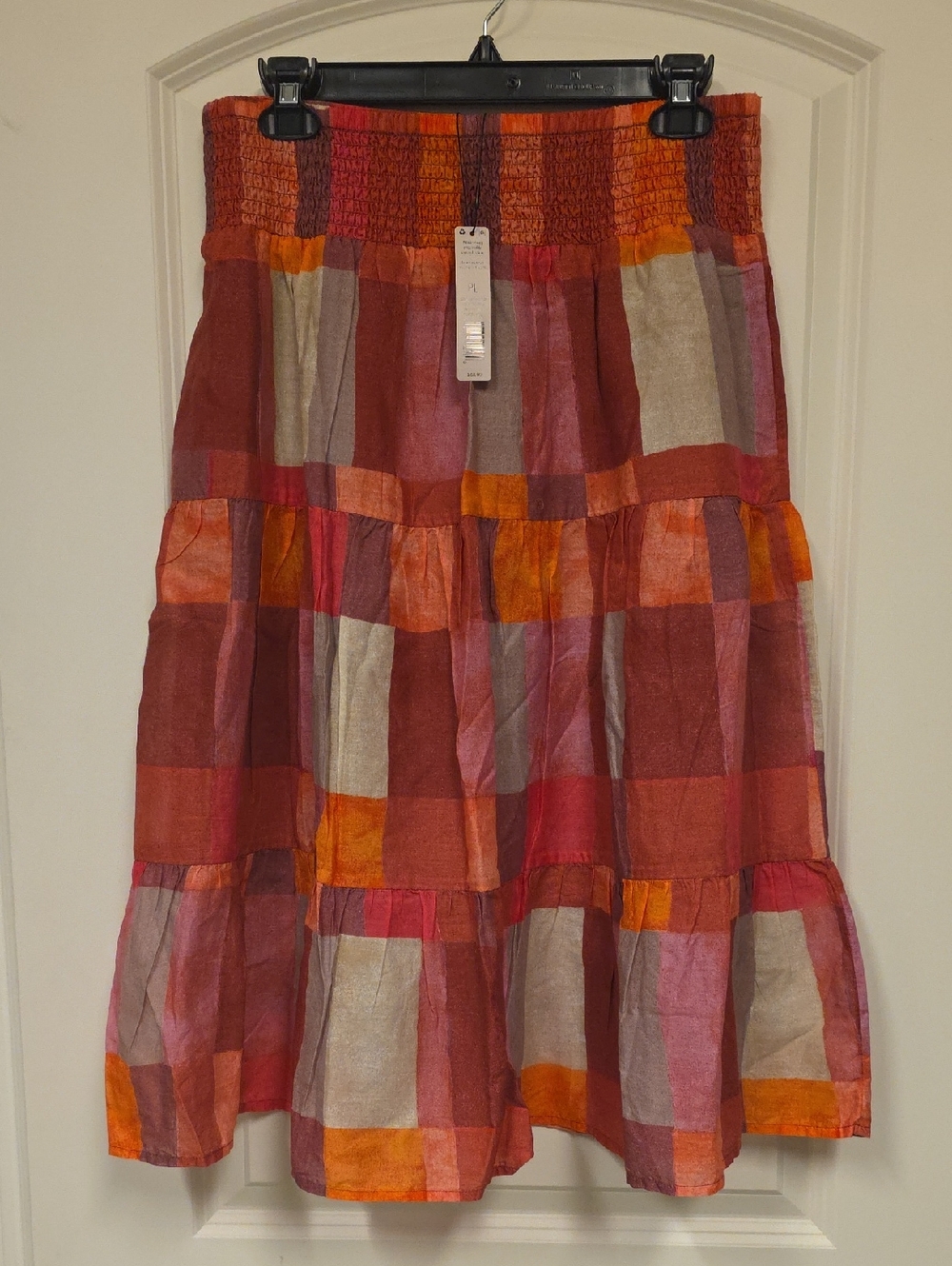 NIC+ZOE Multicolor Patchwork Tiered Midi Skirt in Red, Orange and Pink